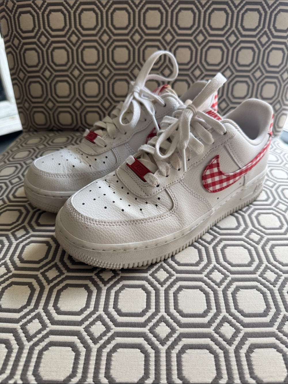 Nike Air Force 1 Sneakers with Red + White Gingham Swoosh